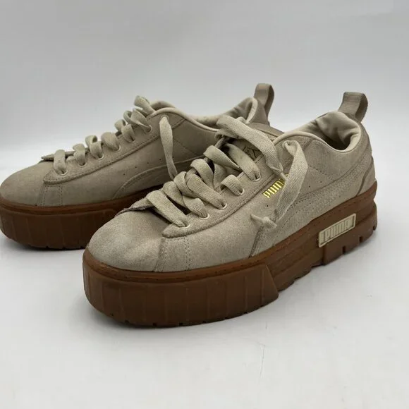 Puma Mayze Platform Beige Brushed Suede Sneakers Size 8.5 - Picture 6 of 12